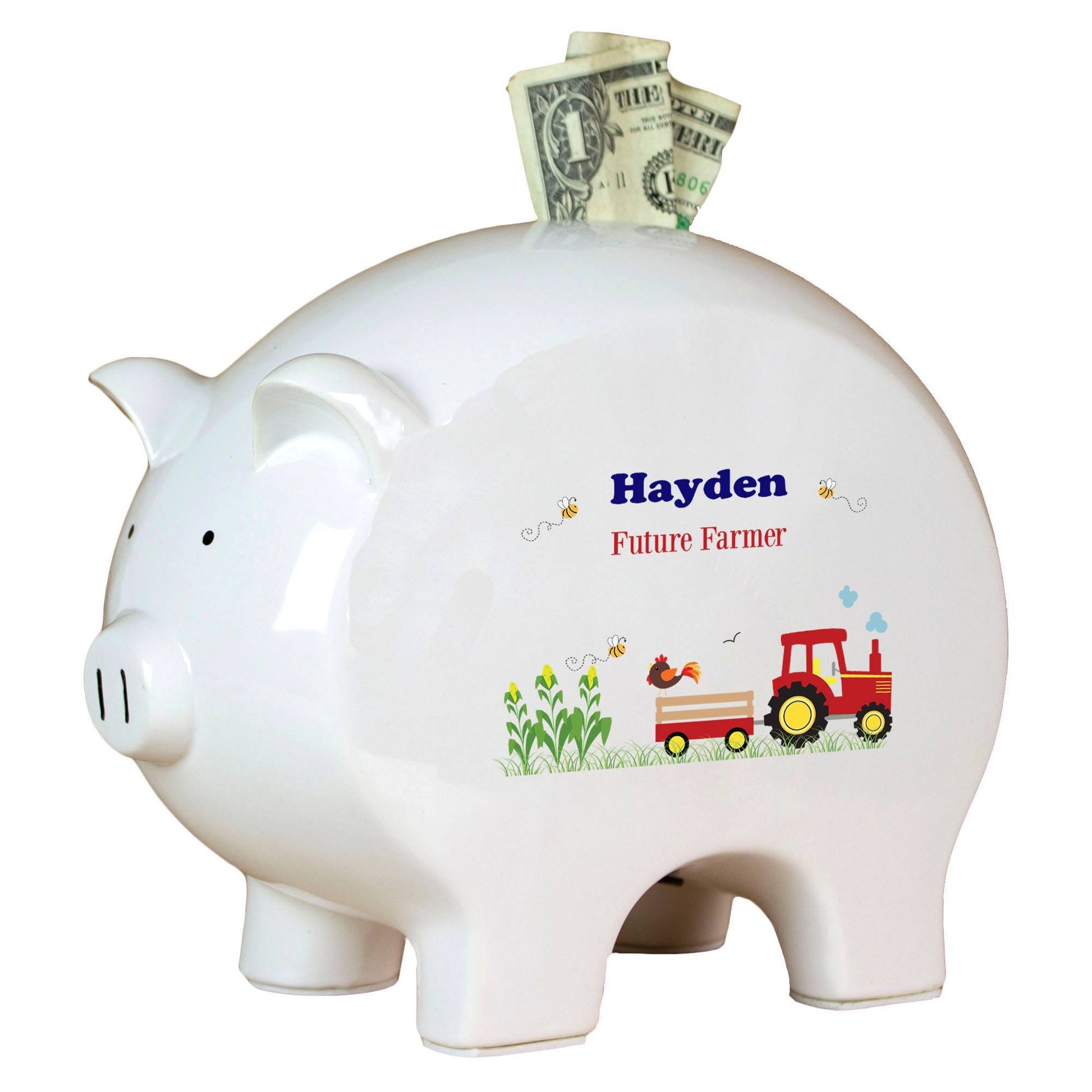 Personalized Piggy Bank with Red Tractor design