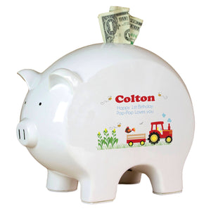 Personalized Piggy Bank with Red Tractor design