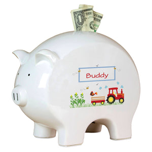 Personalized Piggy Bank with Red Tractor design