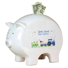 Personalized Piggy Bank with Blue Tractor design