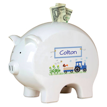 Personalized Piggy Bank with Blue Tractor design