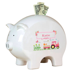 Personalized Piggy Bank with Pink Tractor design