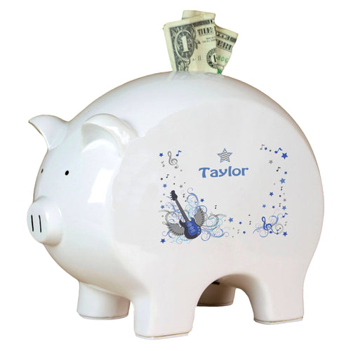 Personalized Piggy Bank with Blue Rock Star design