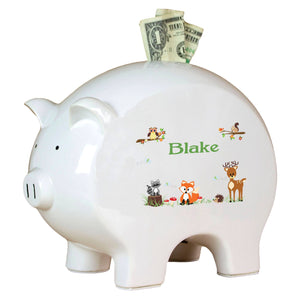 Personalized Piggy Bank with Green Forest Animal design