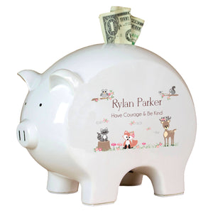 Personalized Piggy Bank with Gray Woodland Critters design