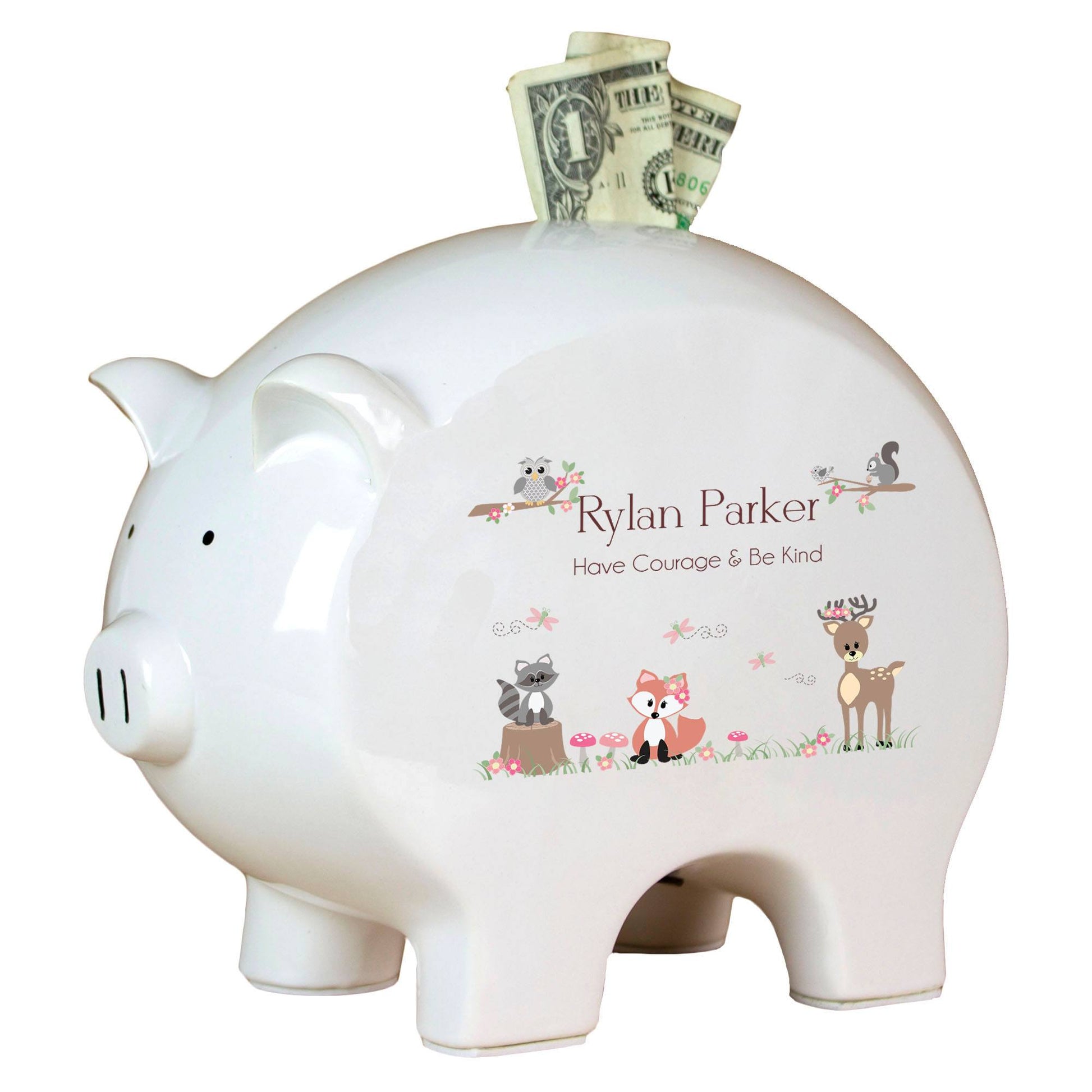 Personalized Piggy Bank with Gray Woodland Critters design