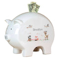 Personalized Piggy Bank with Gray Woodland Critters design