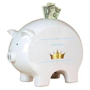 Personalized Piggy Bank with Prince Crown Blue design