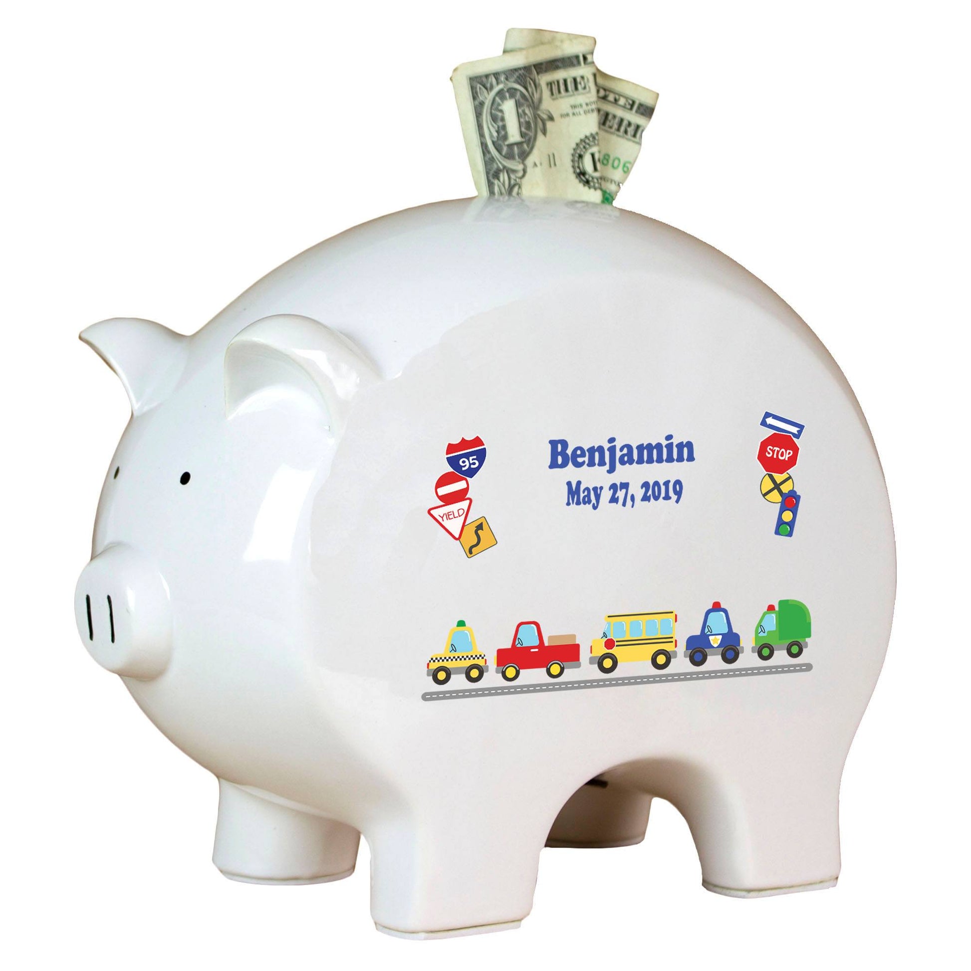 Personalized Piggy Bank with Cars and Trucks design