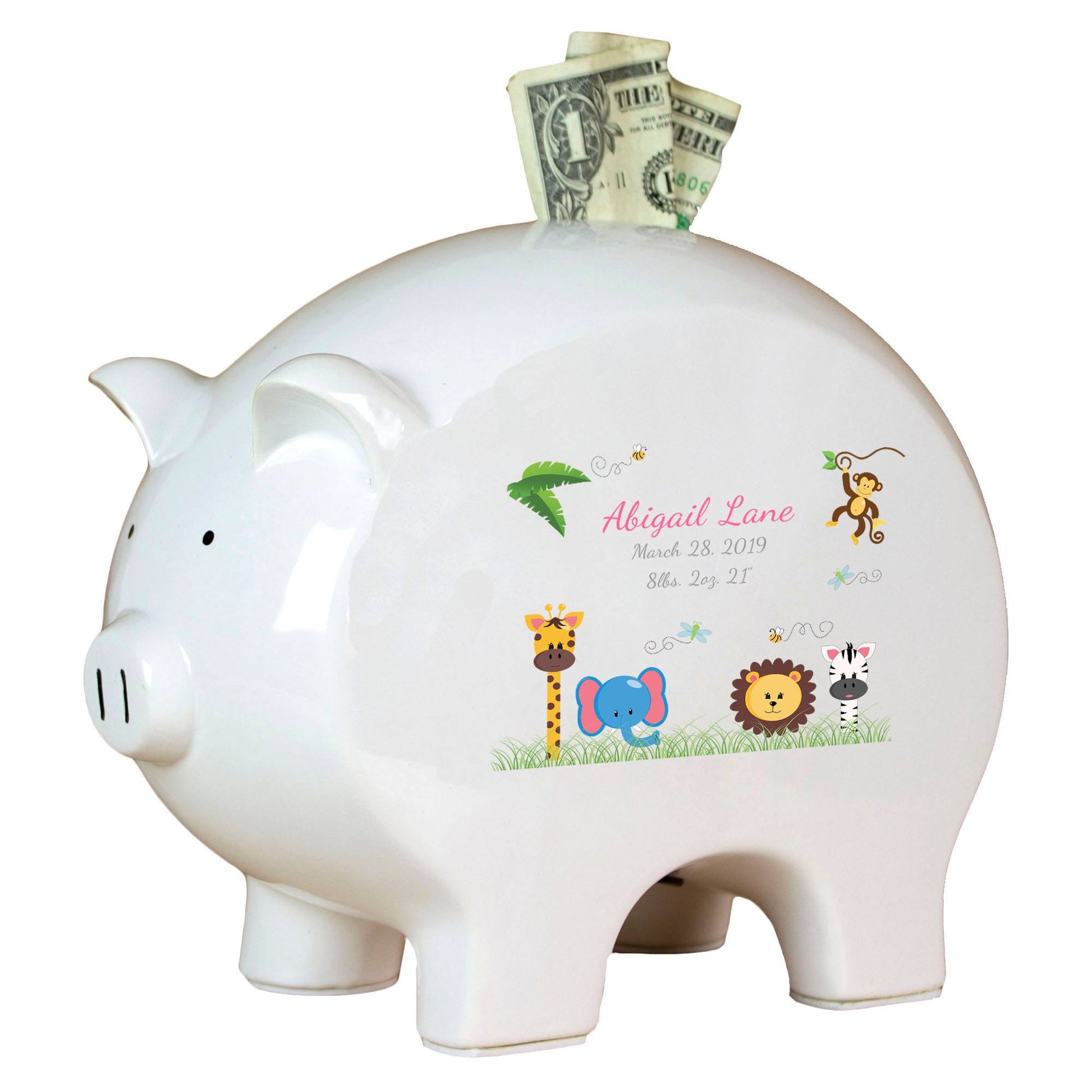 Personalized Piggy Bank with Jungle Animals Boy design
