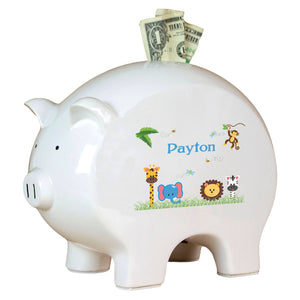 Personalized Piggy Bank with Jungle Animals Boy design