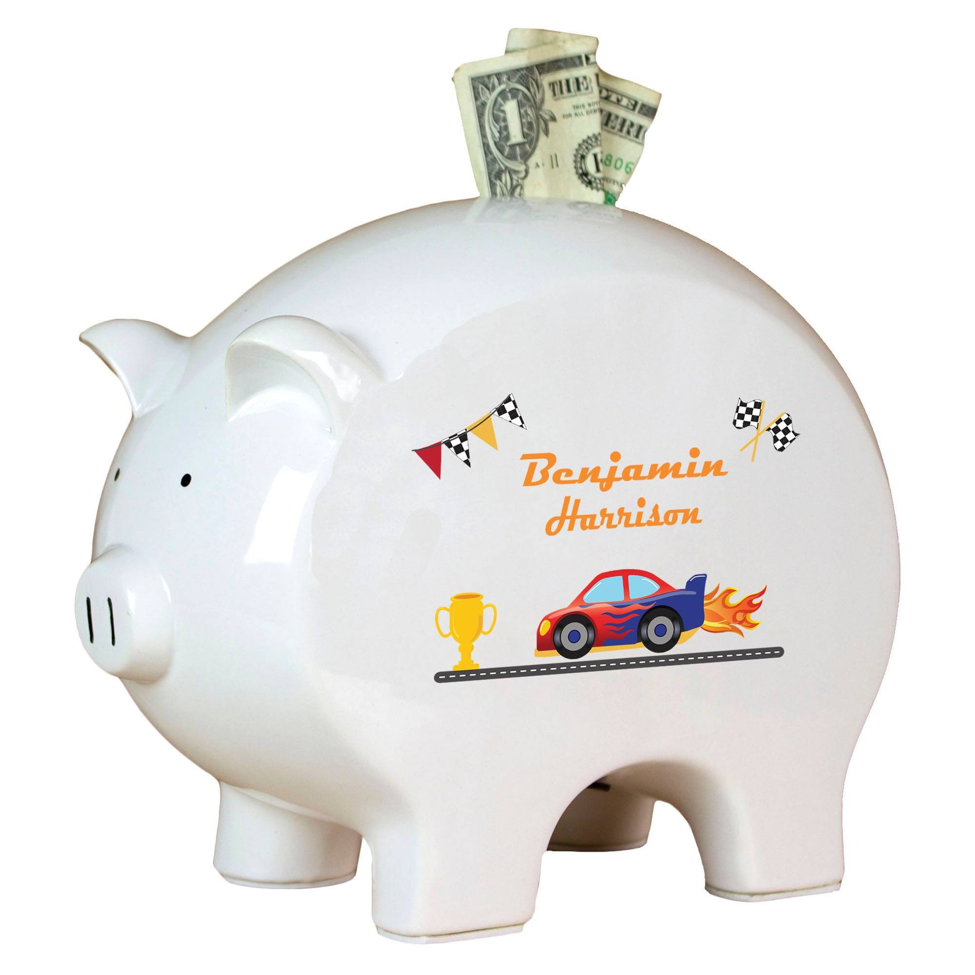 Personalized Piggy Bank with Race Cars design