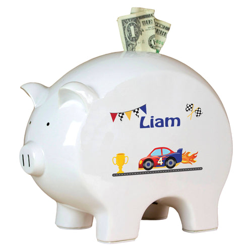 Personalized Piggy Bank with Race Cars design