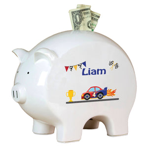 Personalized Piggy Bank with Race Cars design