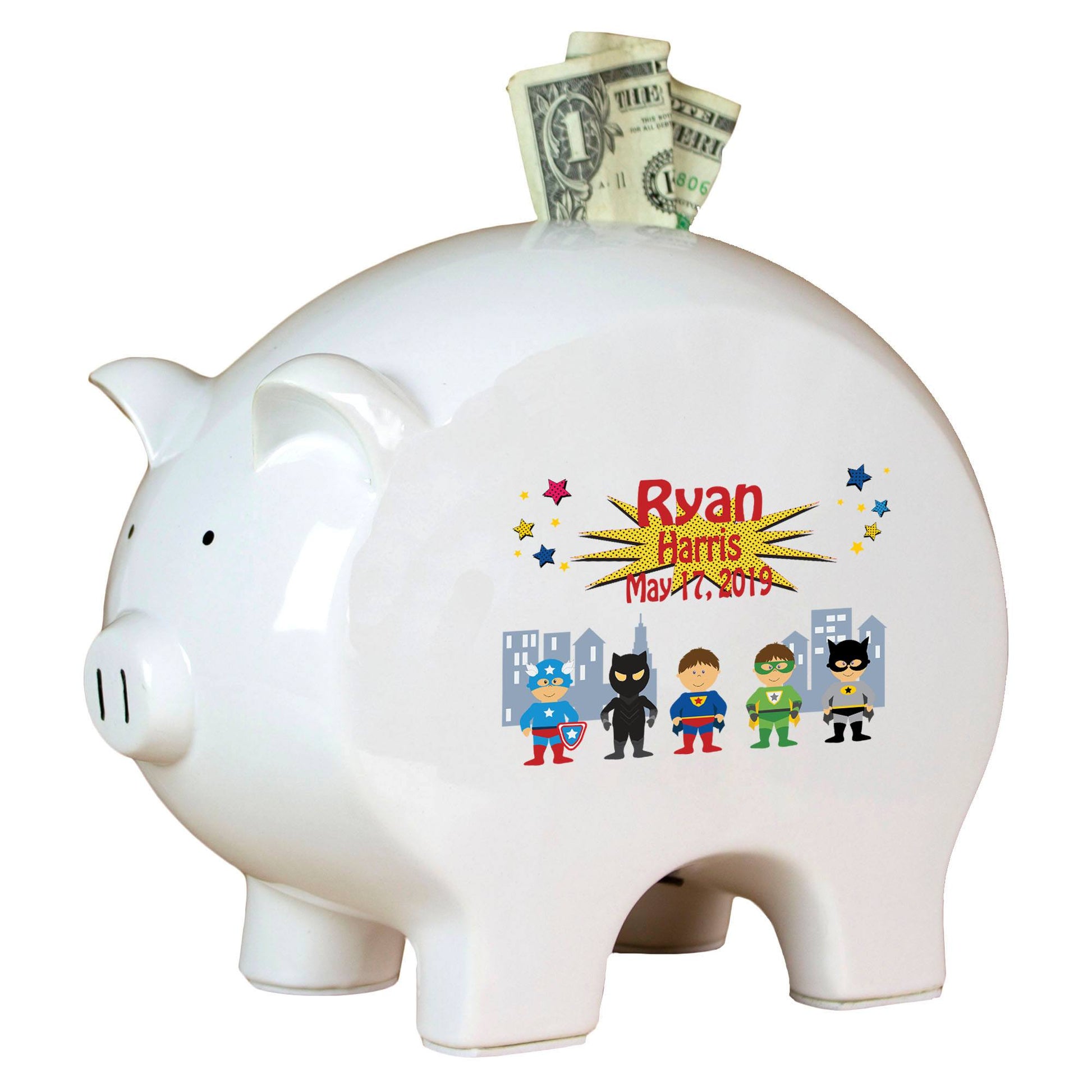 Personalized Piggy Bank with Superhero design