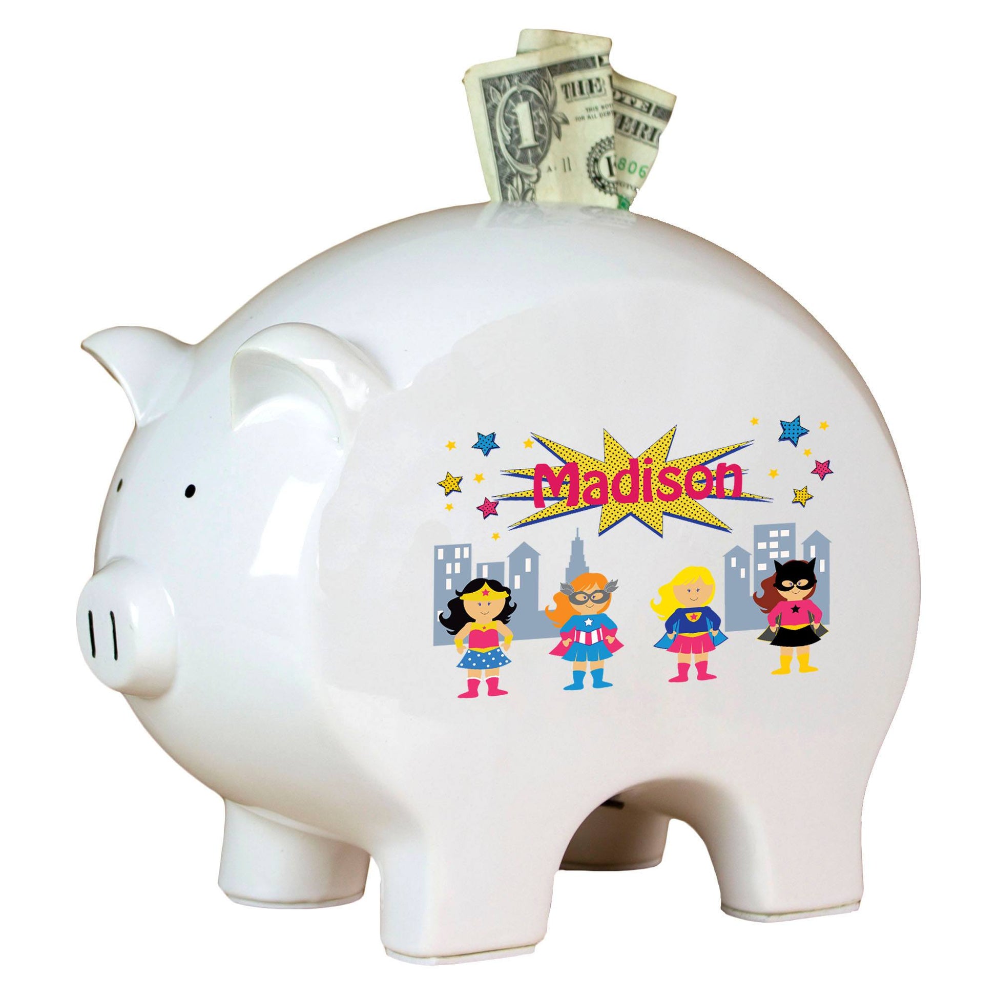 Personalized Piggy Bank with Super hero Girls design