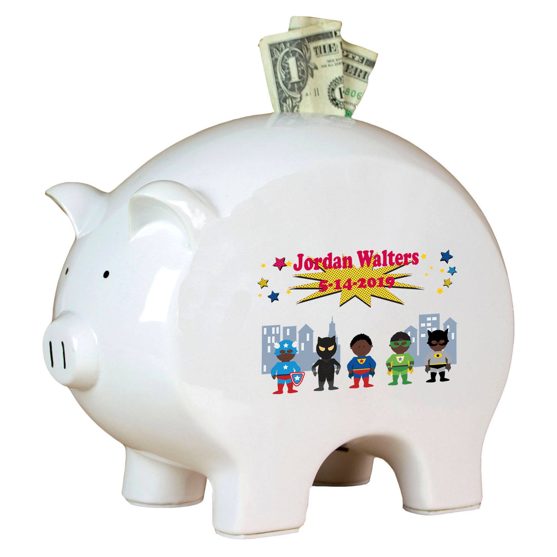Personalized Piggy Bank African American Superhero boy