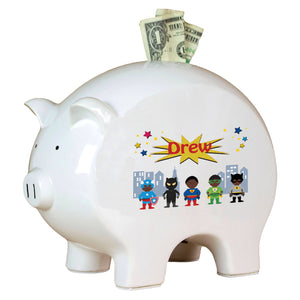 Personalized Piggy Bank African American Superhero boy