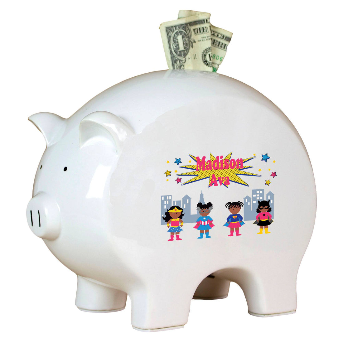 Personalized African American Superhero Girl Piggy Bank