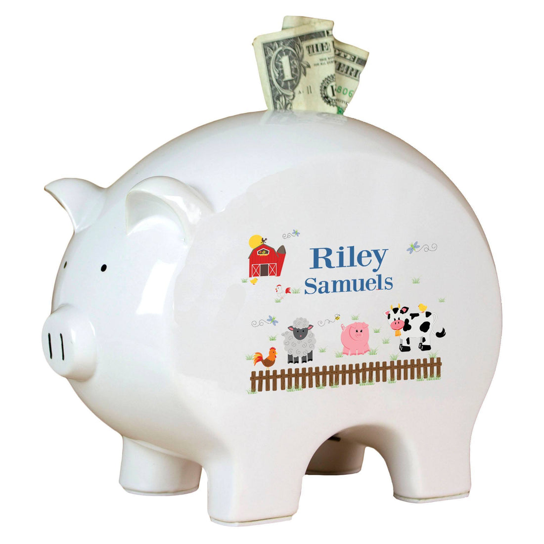 Personalized Piggy Bank with Barnyard Friends design