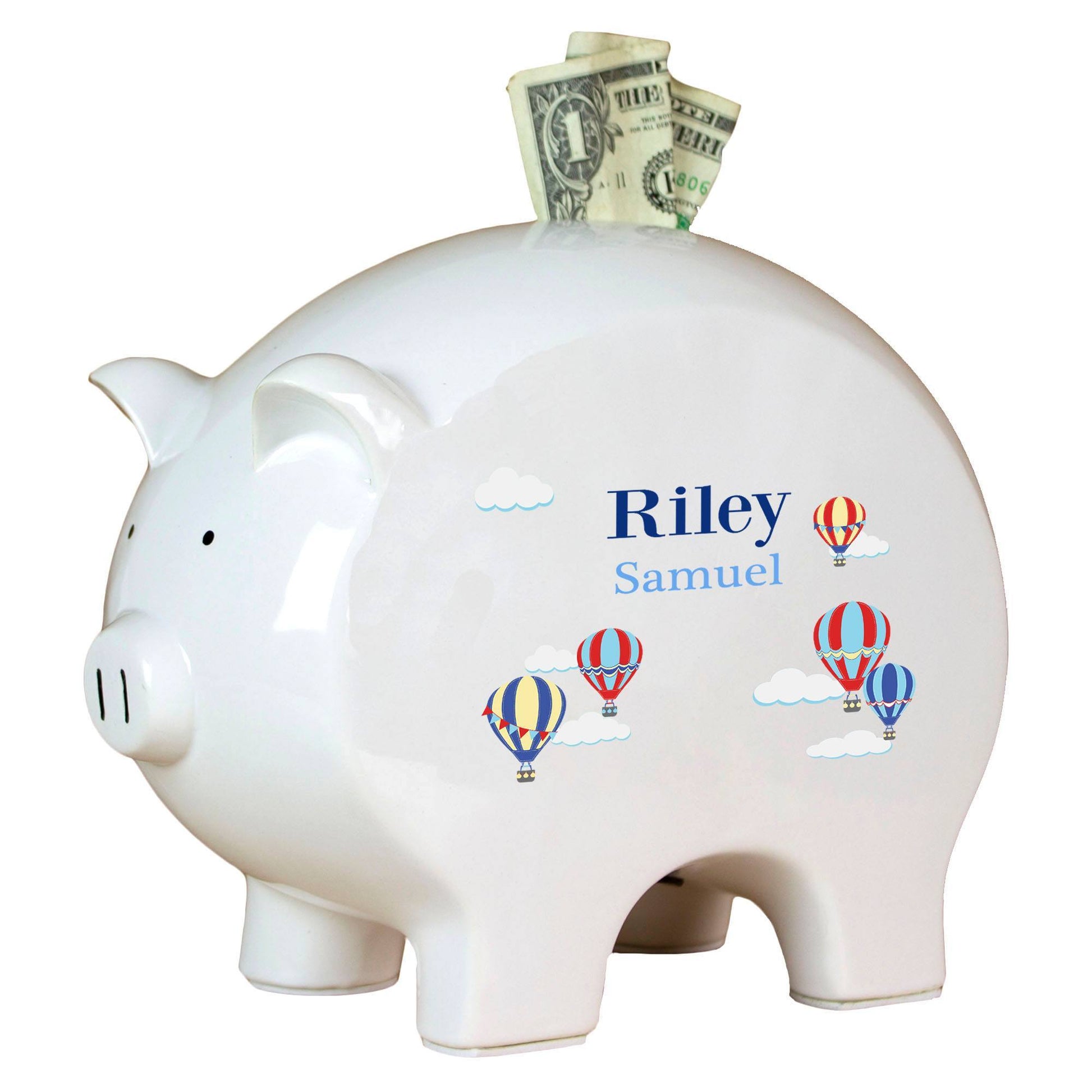 Personalized Piggy Bank with Hot Air Balloon Primary design