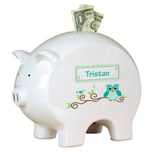 Personalized Piggy Bank with Blue Gingham Owl design