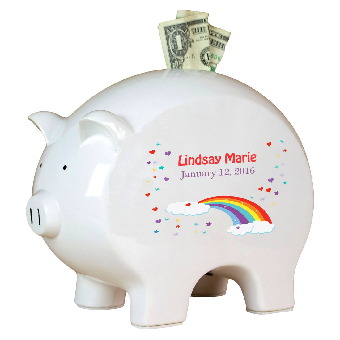 Personalized Piggy Bank with Rainbow design