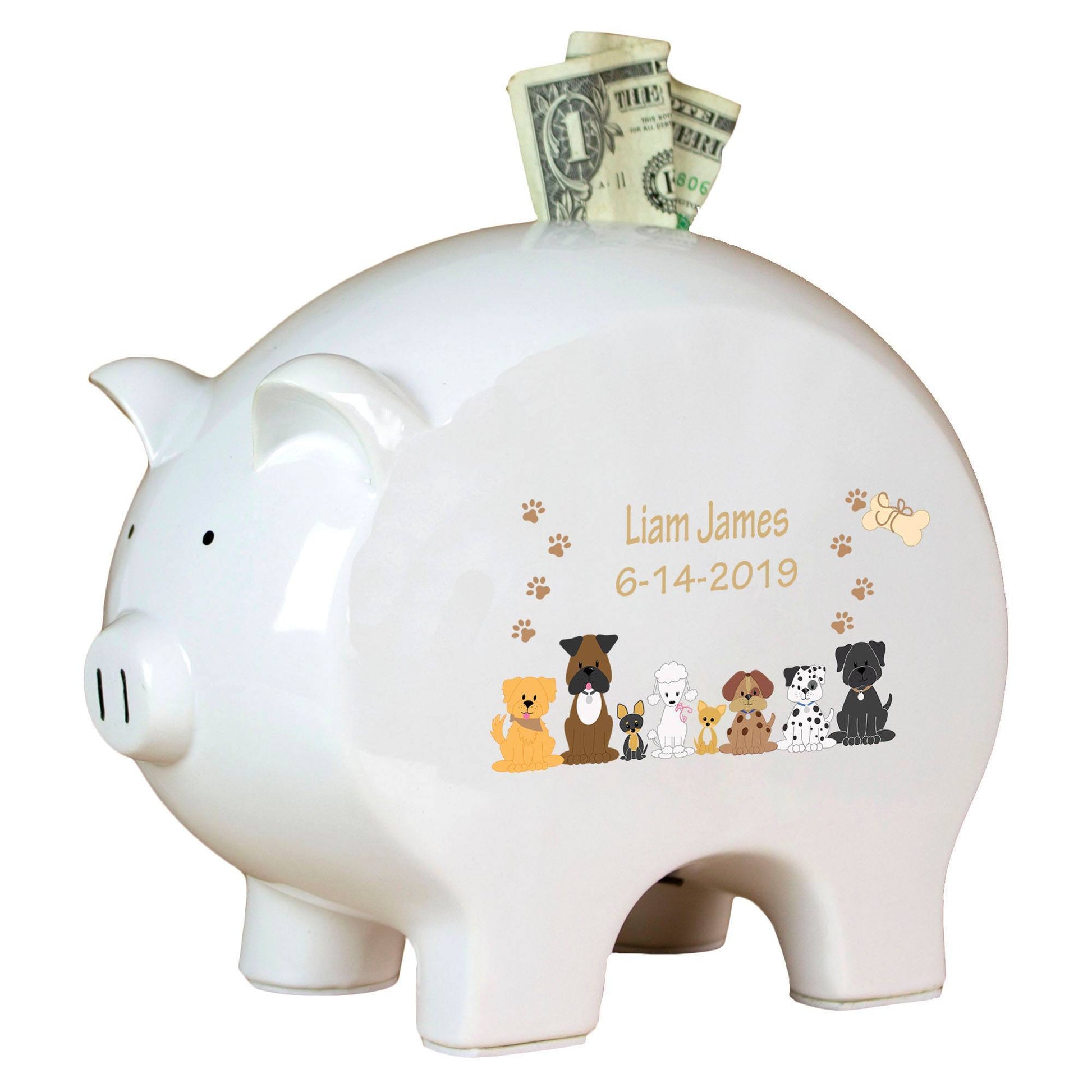 Personalized Piggy Bank with Brown Dogs design