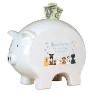 Personalized Piggy Bank with Blue Dogs design