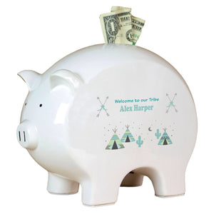 Personalized Piggy Bank with Teepee Aqua Mint design