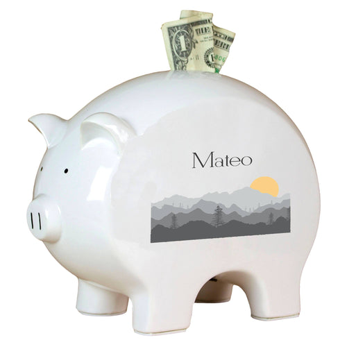 Personalized Piggy Bank with Misty Mountain design