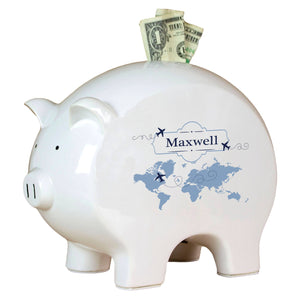 Personalized Piggy Bank with World Map Blue design