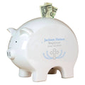 Personalized Piggy Bank with Cross Garland Lt Blue design