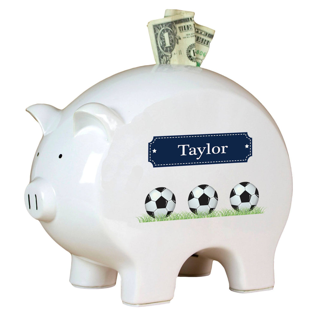 Personalized Piggy Bank with Soccer Balls design