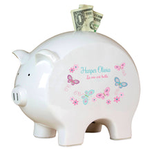 Personalized Piggy Bank with Butterflies Aqua Pink design