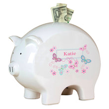 Personalized Piggy Bank with Butterflies Aqua Pink design