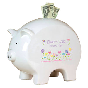 Personalized Piggy Bank with Stemmed Flowers design