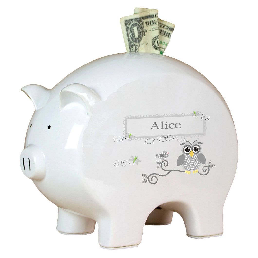 Personalized Piggy Bank with Gray Owl design