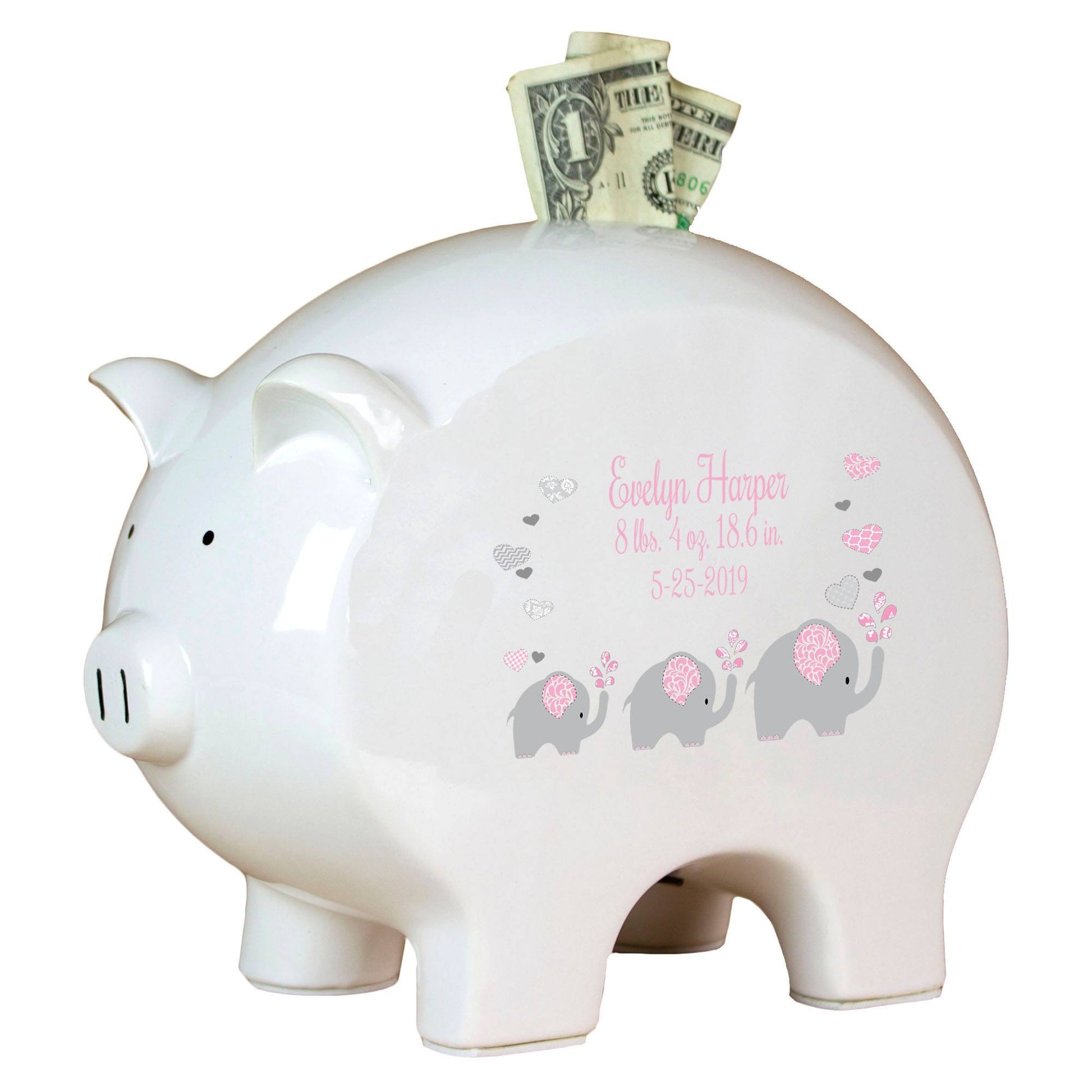 Personalized Piggy Bank with Pink Elephant design