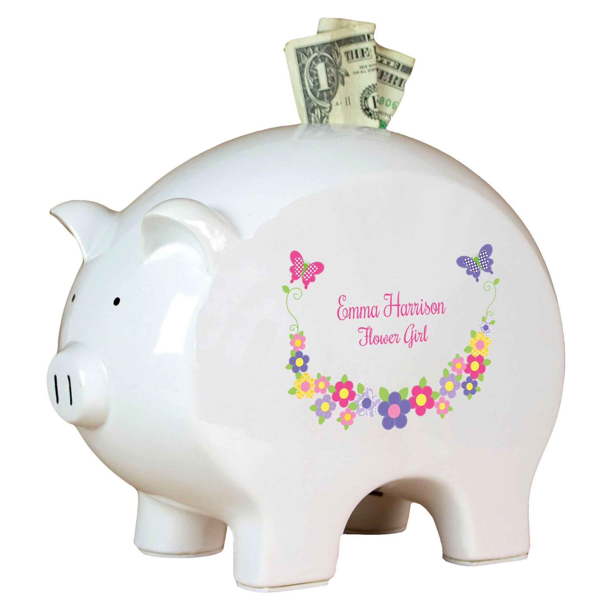 Personalized Piggy Bank with Bright Butterflies Garland design