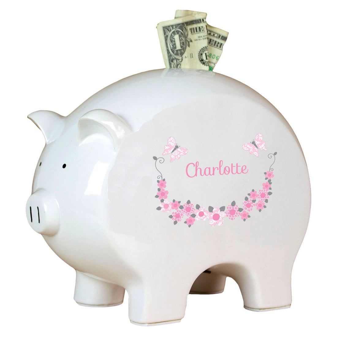 Personalized Piggy Bank with Pink and Gray Butterflies design