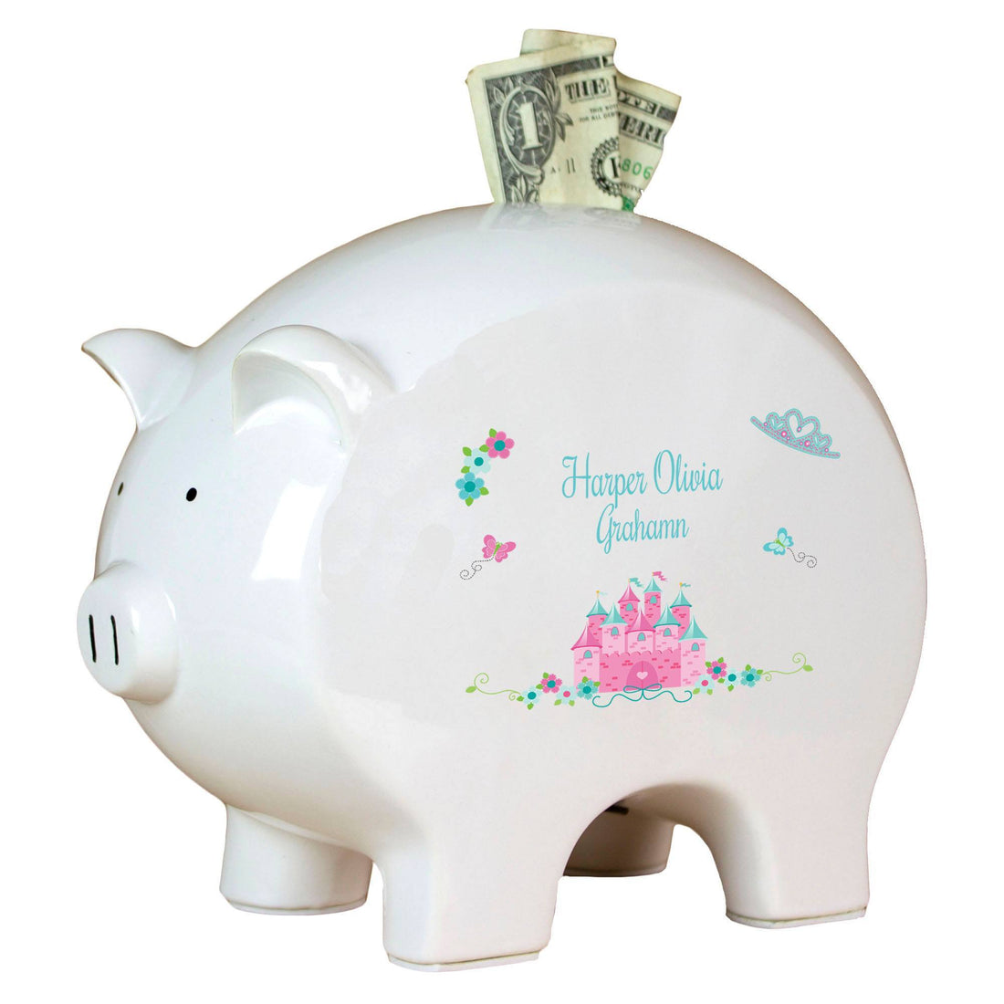 Personalized Piggy Bank with Pink Teal Princess Castle design