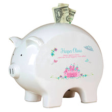 Personalized Piggy Bank with Pink Teal Princess Castle design
