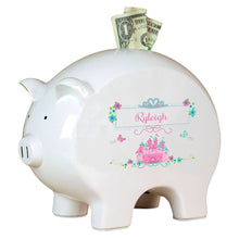 Personalized Piggy Bank with Pink Teal Princess Castle design