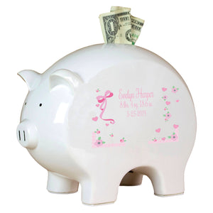 Personalized Piggy Bank with Pink Bow design