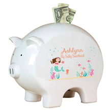 Personalized Piggy Bank with Brunette Mermaid Princess design