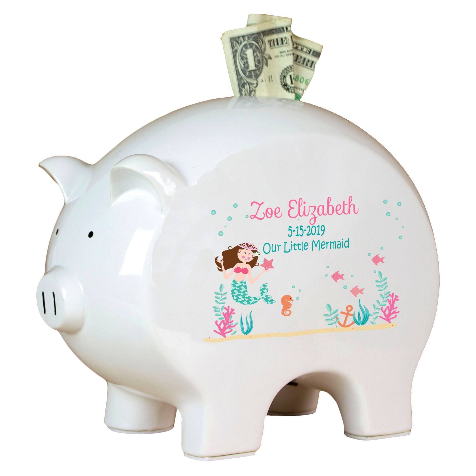 Personalized Piggy Bank with Brunette Mermaid Princess design