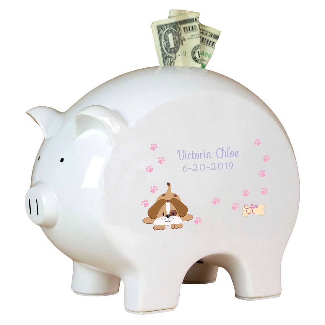 Personalized Piggy Bank with Pink Puppy design