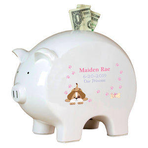 Personalized Piggy Bank with Pink Puppy design