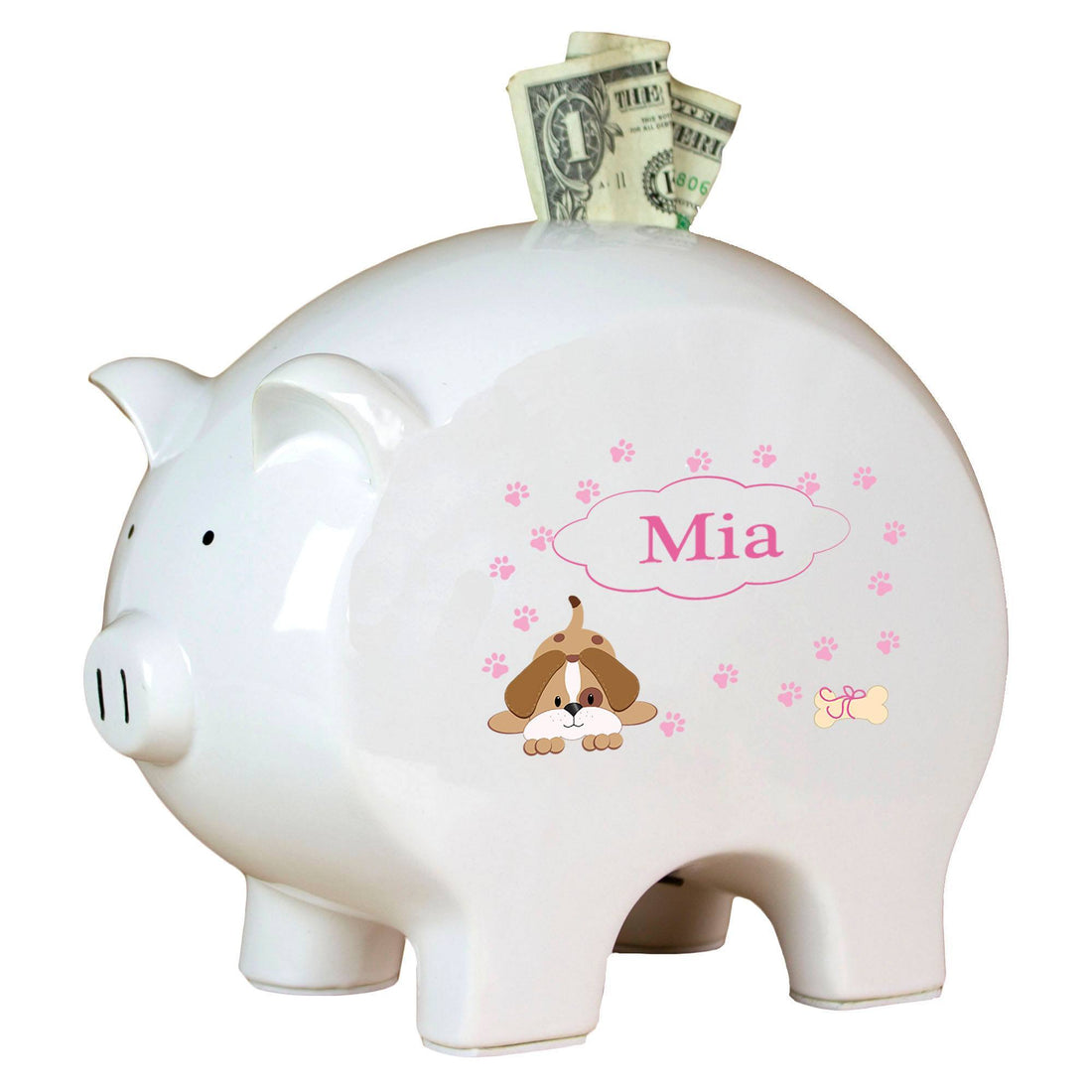 Personalized Piggy Bank with Pink Puppy design